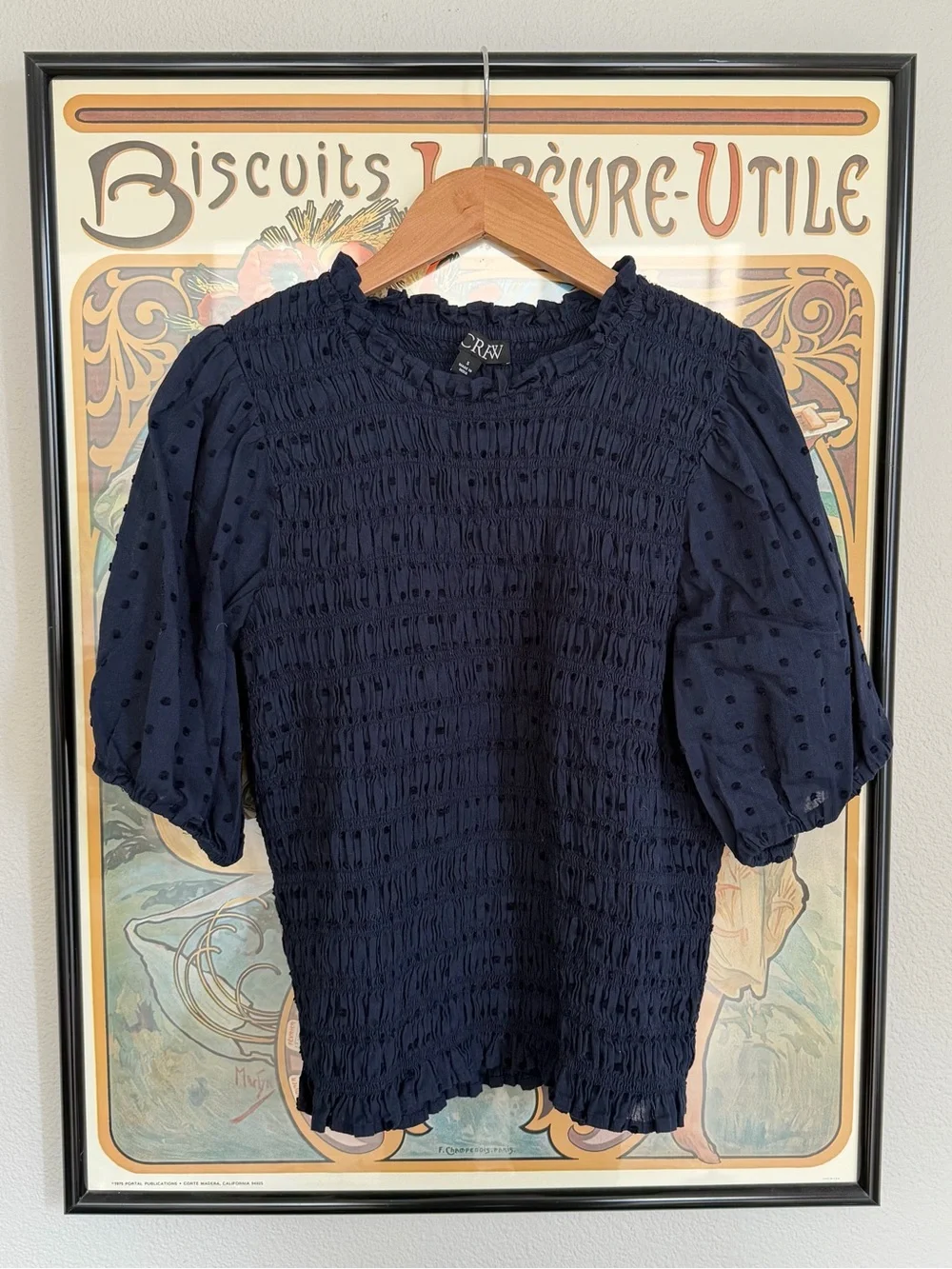 J. Crew Navy Textured Smocked Puff-Sleeve Blouse - S